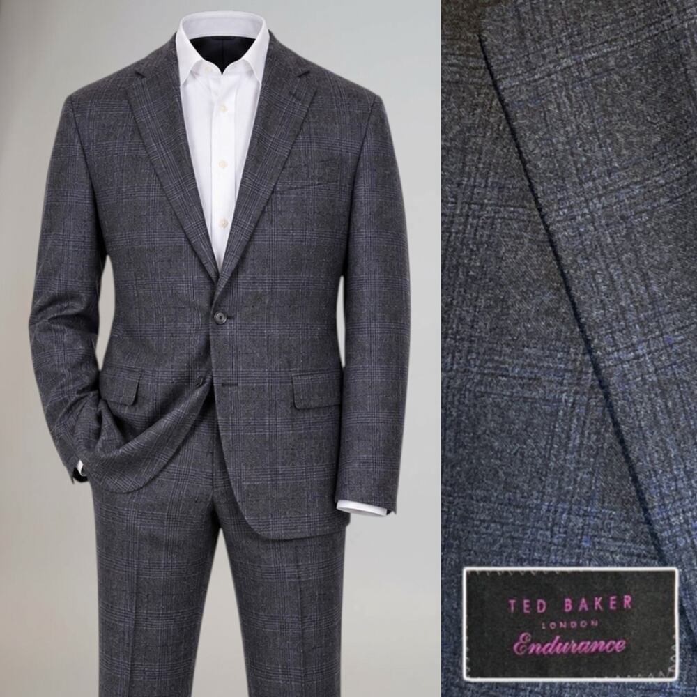 Ted Baker Mens 50XL 42x31 Charcoal Gray Purple Plaid Flannel Designer Suit